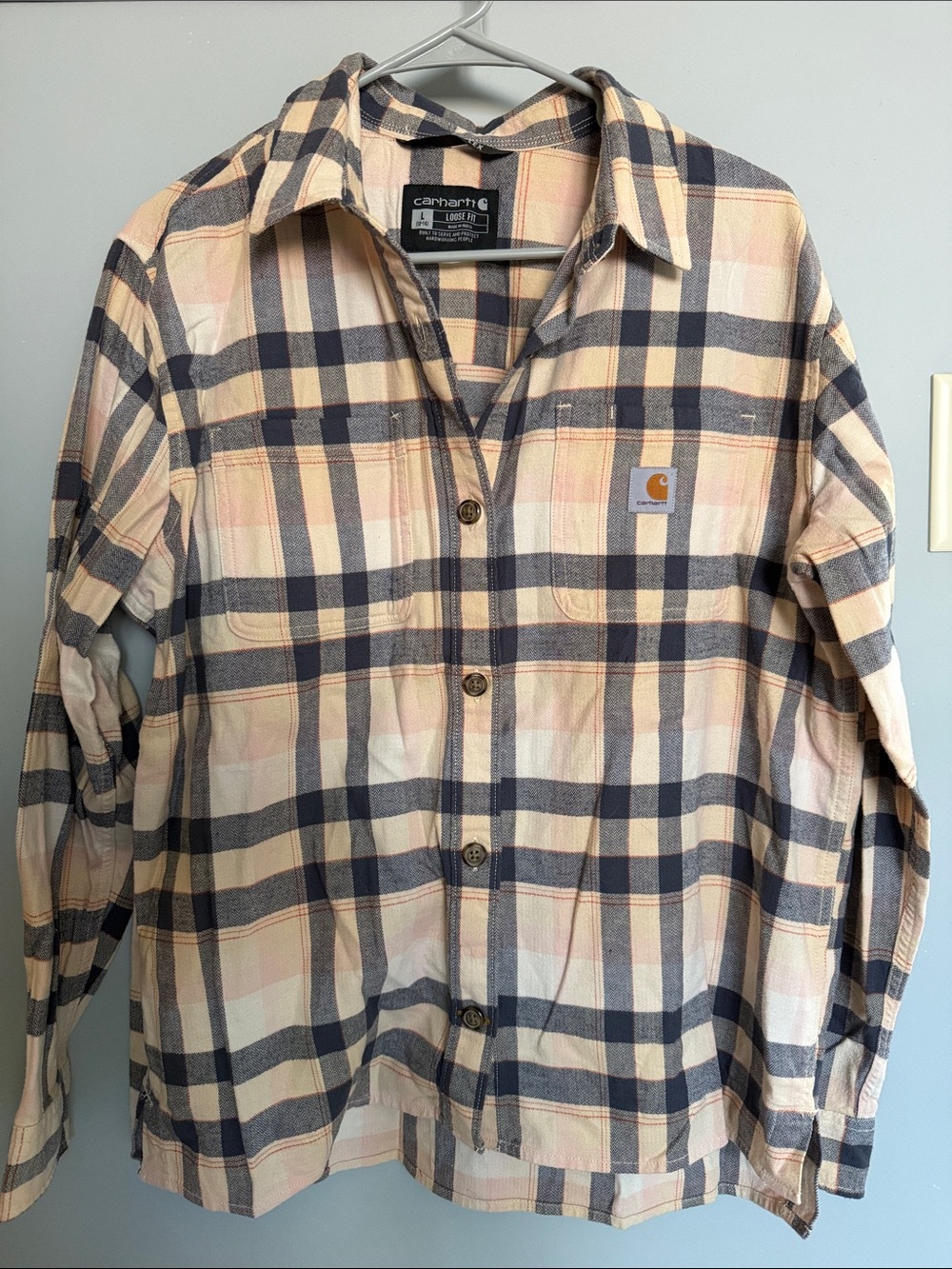 Carhartt Peach and Navy Plaid Button-Down Shirt